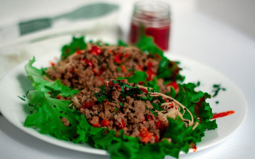 Spicy Pork Lettuce Wraps featuring Soybean Spaghetti - Livivafoods.com